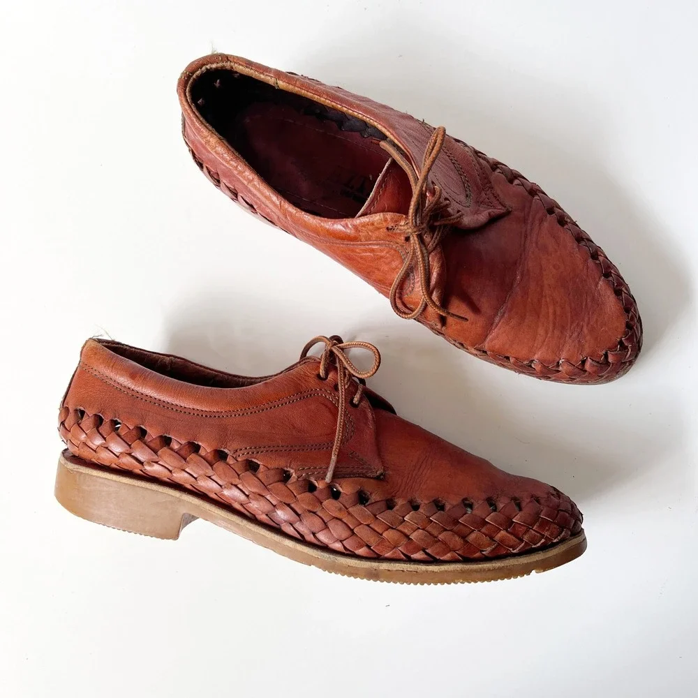 Vintage Huarache Oxford Shoes Size 9.5 Mens Tan Woven Leather Lace Up Fisherman